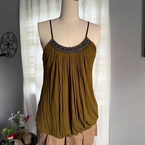 Beaded Bubble Hem Camisole Top Olive Green Pleated Y2K